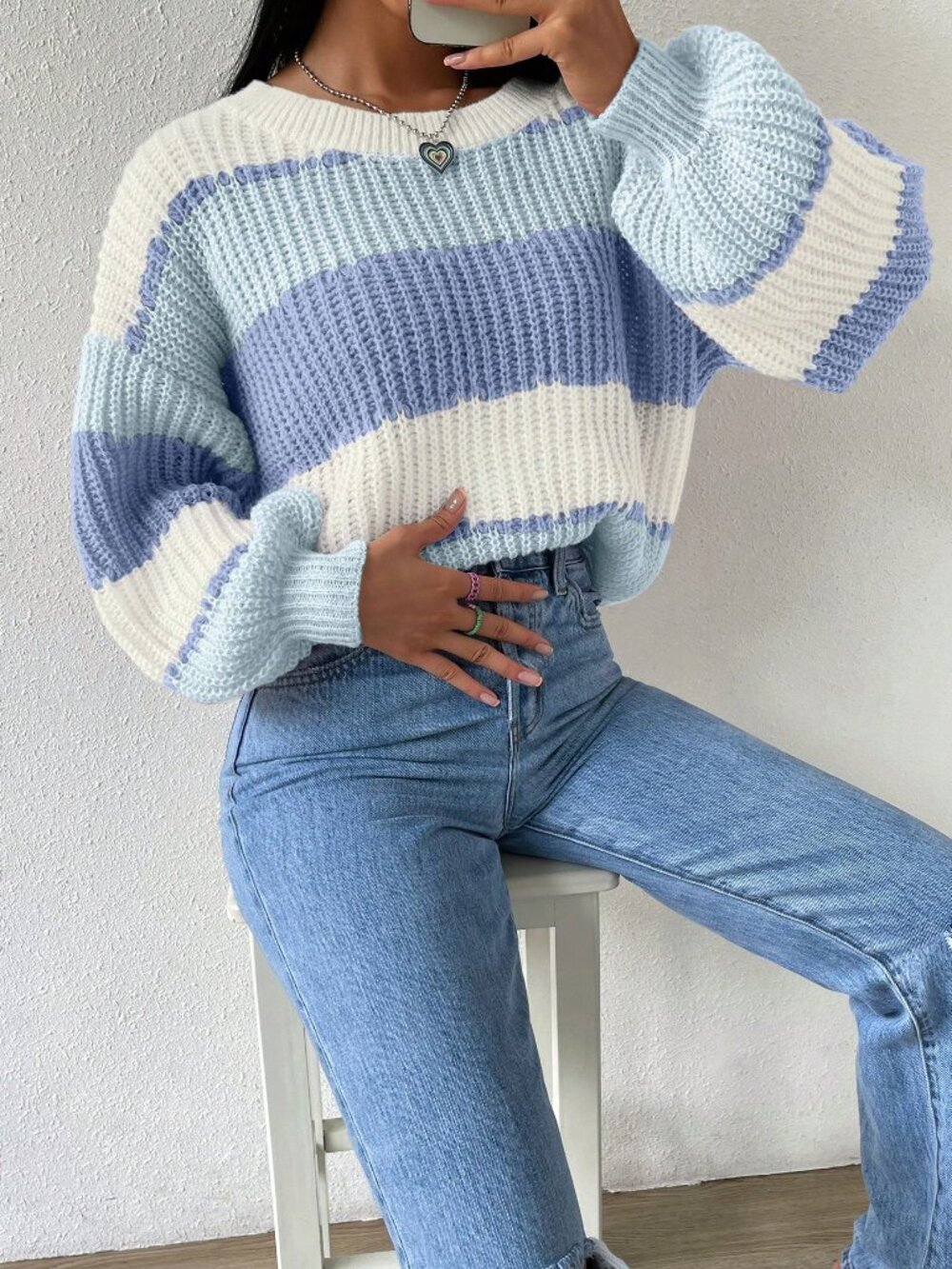 Women's Colorblock Rib-Knit Drop Shoulder Sweater - Picture 7 of 9